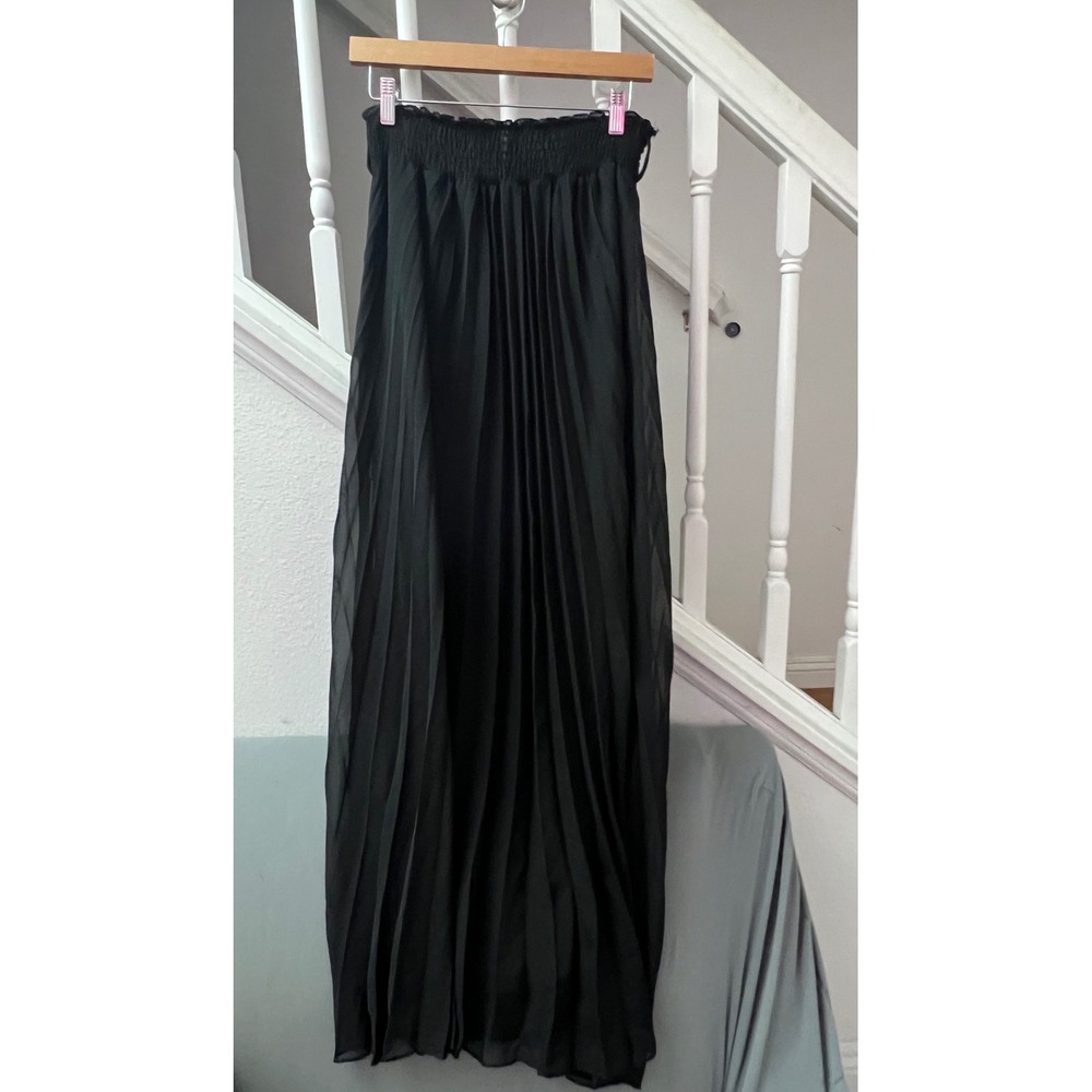 Marshmallow Black Pleated Maxi Skirt Smocked Waist Accordion Chiffon Large